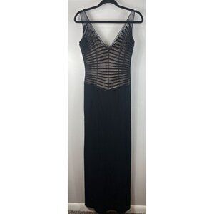 Lillie Rubin Formal Maxi Dress Black Stripe Nude Bodice Sheer Sleeveless Size 6